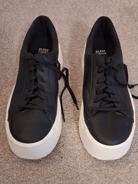 Eileen Fisher Women's Black Leather 1.5-2" Platform Sneakers- White Soles (11)